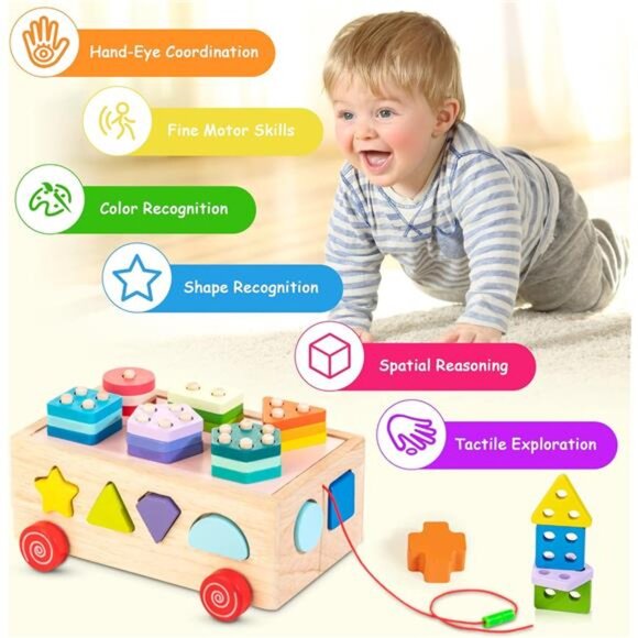 Shape Sorter Learning Toys for Toddlers Wooden Stacking Blocks Montessori Toys - Picture 3 of 7